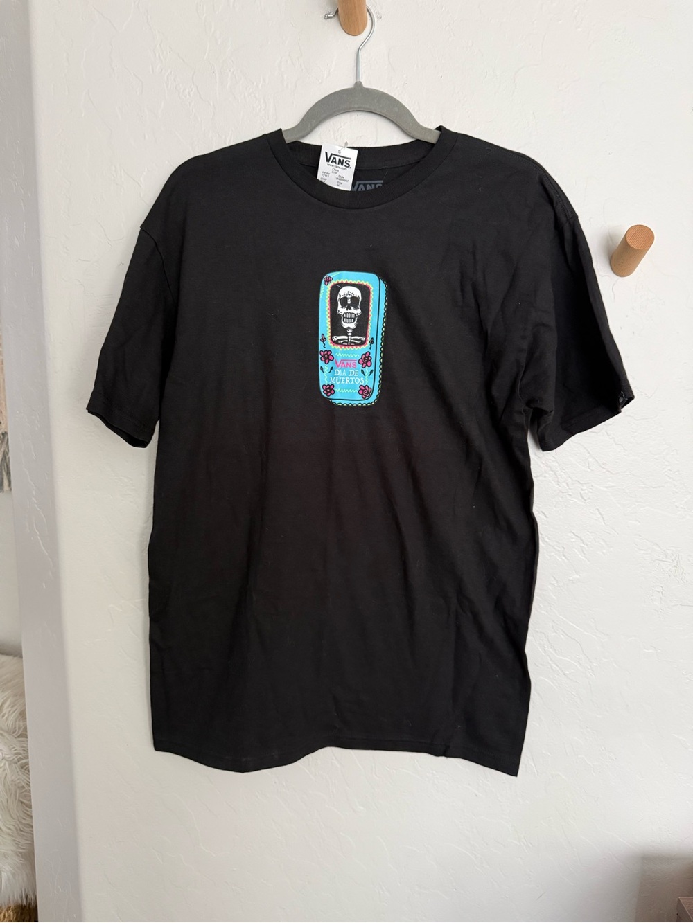 Vans Black T-Shirt with Teal Skull Graphic Dia de Muertos